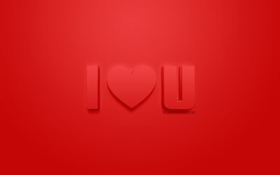 Seni Seviyorum, kırmızı 3d sanat, romantizm, 3d harfler, kırmızı 3d kalp, aşk kavramları, u seviyorum