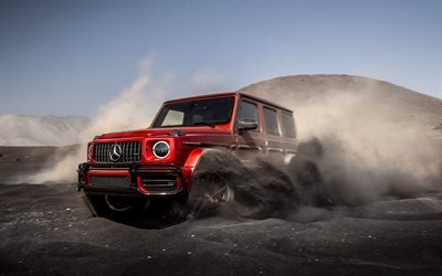Mercedes-Benz G63 AMG, 2019, G-Class, front view, exterior, red new G63, red SUV, tuning G63, desert, black sand, Mercedes