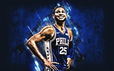 Ben Simmons, Philadelphia 76ers, Australian basketball player, portrait, NBA, blue stone background, United States, basketball