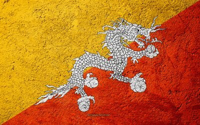 Bhutanin lippu, betoni rakenne, kivi tausta, Aasiassa, Bhutan, liput kivi