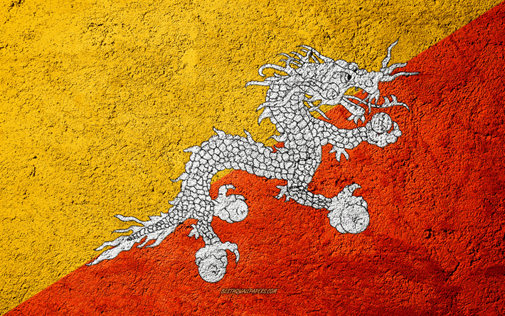 Flaggan i Bhutan, konkret struktur, sten bakgrund, Bhutans flagga, Asien, Bhutan, flaggor p&#229; sten