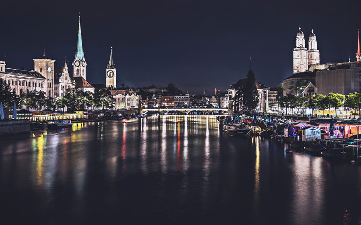 Zurich, paisajes nocturnos, el Lago de Zurich, Suiza ciudades de Europa, Suiza, en la noche