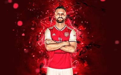 Shkodran Mustafi, season 2019-2020, german footballers, defender, Arsenal FC, neon lights, Mustafi, soccer, Premier League, football, The Gunners