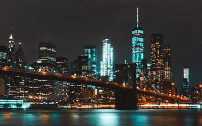 Brooklyn Bridge, 4k, NYC, nightscapes, New York, USA, american cities, Brooklyn Bridge at night, New York City, Cities of New York, America