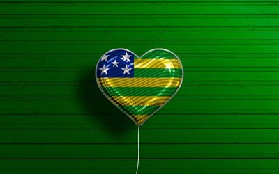 I Love Goias, 4k, realistic balloons, green wooden background, brazilian states, flag of Goias, Brazil, balloon with flag, States of Brazil, Goias flag, Goias, Day of Goias