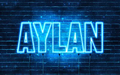 Aylan, 4k, bakgrundsbilder med namn, Aylan namn, bl&#229; neonljus, Grattis p&#229; f&#246;delsedagen Aylan, popul&#228;ra arabiska manliga namn, bild med Aylan namn