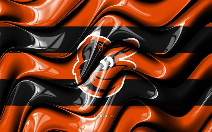 Drapeau Baltimore Orioles, 4k, vagues 3D orange et noir, MLB, &#233;quipe de baseball am&#233;ricaine, logo Baltimore Orioles, baseball, Baltimore Orioles