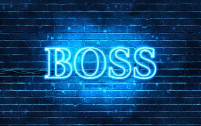 Hugo Boss mavi logosu, 4k, mavi brickwall, Hugo Boss logosu, moda markaları, Hugo Boss neon logosu, Hugo Boss