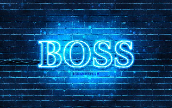 Hugo Boss logo blu, 4k, muro di mattoni blu, logo Hugo Boss, marchi di moda, logo al neon Hugo Boss, Hugo Boss