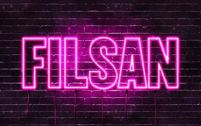 Filsan, 4k, pap&#233;is de parede com nomes, nomes femininos, nome Filsan, luzes de n&#233;on roxas, Feliz Anivers&#225;rio Filsan, nomes femininos &#225;rabes populares, imagem com o nome Filsan