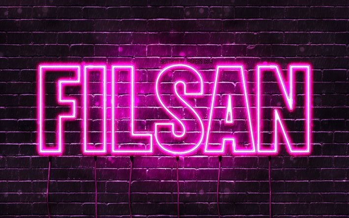 Filsan, 4k, pap&#233;is de parede com nomes, nomes femininos, nome Filsan, luzes de n&#233;on roxas, Feliz Anivers&#225;rio Filsan, nomes femininos &#225;rabes populares, imagem com o nome Filsan