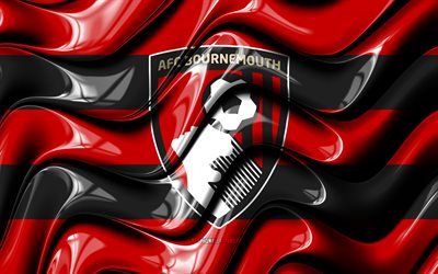 Drapeau Bournemouth FC, 4k, vagues 3D rouges et noires, championnat EFL, club de football anglais, football, logo Bournemouth FC, Bournemouth FC, AFC Bournemouth