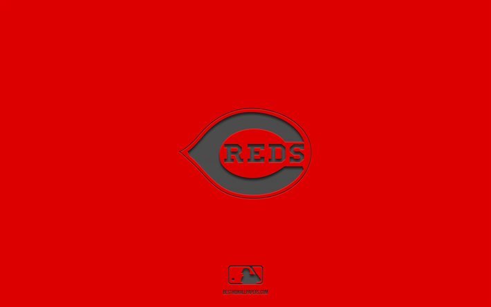 Cincinnati Reds, fond rouge, &#233;quipe de baseball am&#233;ricaine, embl&#232;me des Cincinnati Reds, MLB, Ohio, USA, baseball, logo Cincinnati Reds