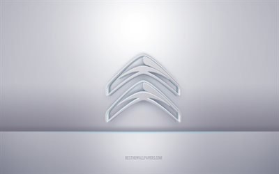 Citroen 3d white logo, gray background, Citroen logo, creative 3d art, Citroen, 3d emblem