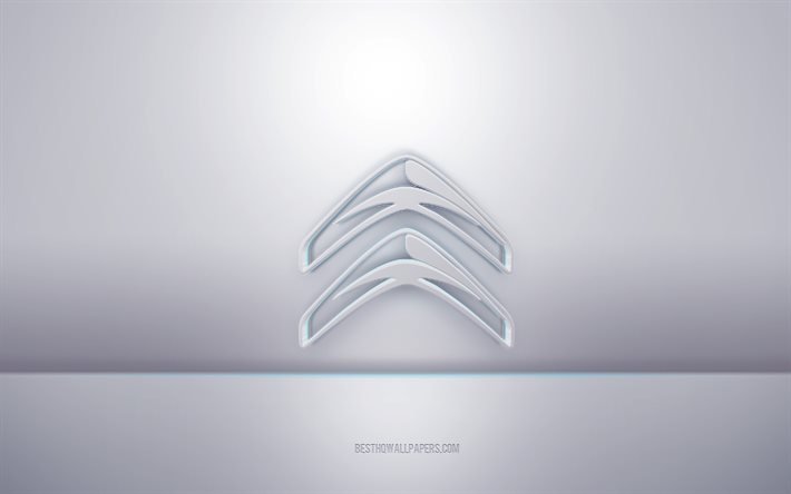 Citroen 3d logo bianco, sfondo grigio, logo Citroen, arte creativa 3d, Citroen, emblema 3d