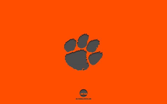 Clemson Tigers, orange background, American football team, Clemson Tigers emblem, NCAA, South Carolina, USA, American football, Clemson Tigers logo