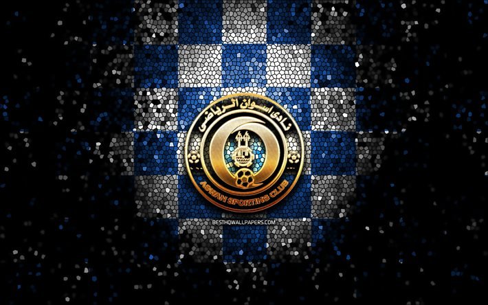 Aswan SC, logo glitterato, Premier League Egiziana, blu sfondo a scacchi bianchi, EPL, calcio, squadra di calcio egiziana, Aswan logo, arte del mosaico, Aswan FC