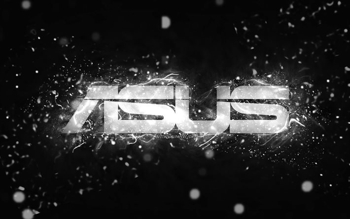 Logotipo branco da Asus, 4k, luzes de n&#233;on brancas, criativo, fundo abstrato preto, logotipo da Asus, marcas, Asus