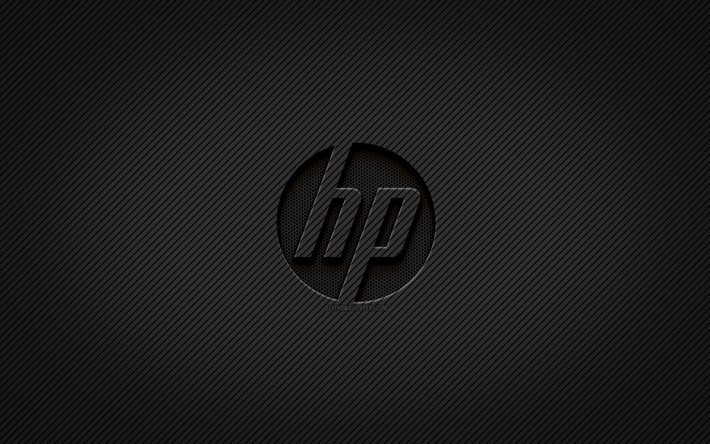 HP carbon logo, 4k, Hewlett-Packard, grunge art, carbon background, creative, HP black logo, HP logo, HP, Hewlett-Packard logo