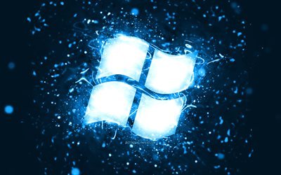 Windows blue logo, 4k, blue neon lights, creative, blue abstract background, Windows logo, OS, Windows
