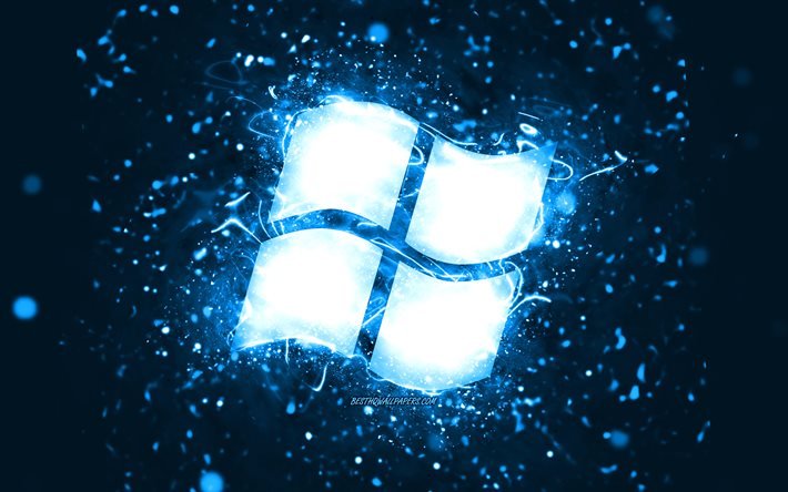 Windows mavi logosu, 4k, mavi neon ışıkları, yaratıcı, mavi soyut arka plan, Windows logosu, işletim sistemi, Windows