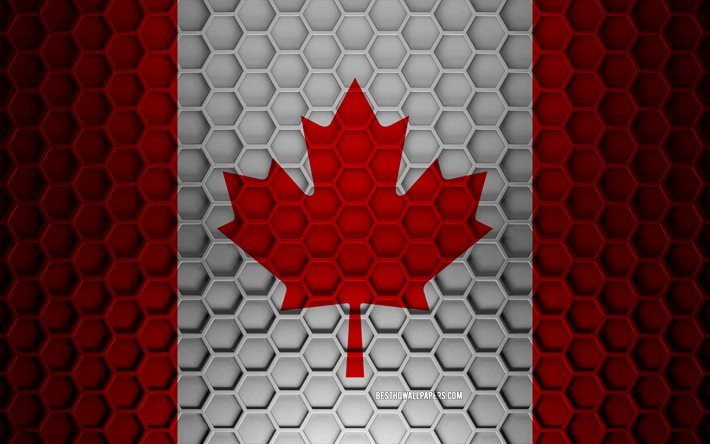 Drapeau du Canada, texture des hexagones 3d, Canada, texture 3d, drapeau du Canada 3d, texture en m&#233;tal, drapeau du Canada