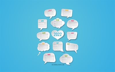 Calendrier 2022, 4k, fond bleu, calendrier infographique 2022, calendrier 3d 2022, calendrier tous les mois 2022