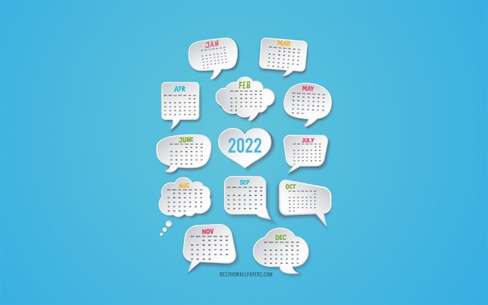 Calendrier 2022, 4k, fond bleu, calendrier infographique 2022, calendrier 3d 2022, calendrier tous les mois 2022