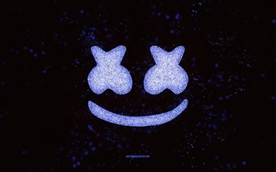 Marshmello glitter logo, 4k, black background, Marshmello logo, blue glitter art, Marshmello, creative art, Marshmello blue glitter logo
