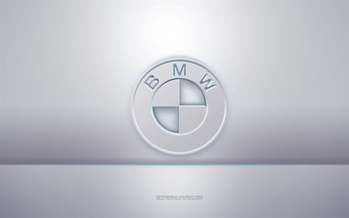 Logo BMW 3d bianco, sfondo grigio, logo BMW, arte creativa 3d, BMW, emblema 3d