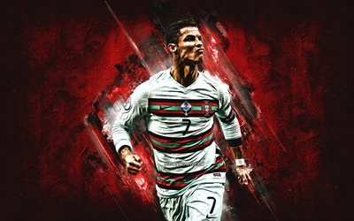Cristiano Ronaldo, CR7, portrait, Portugal national football team, grunge art, red stone background, Portugal, football