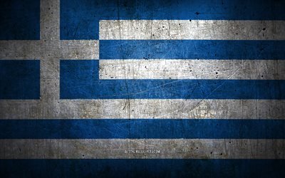 Greek metal flag, grunge art, European countries, Day of Greece, national symbols, Greece flag, metal flags, Flag of Greece, Europe, Greek flag, Greece