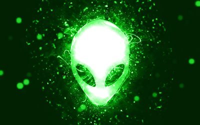 Alienware green logo, 4k, green neon lights, creative, green abstract background, Alienware logo, brands, Alienware