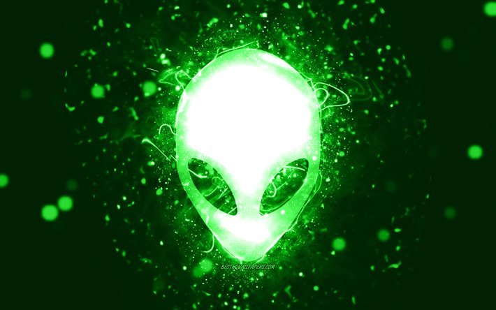 Alienware yeşil logosu, 4k, yeşil neon ışıkları, yaratıcı, yeşil soyut arka plan, Alienware logosu, markalar, Alienware