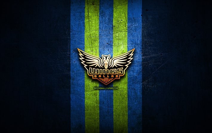 dallas wings, goldenes logo, wnba, blauer metallhintergrund, amerikanisches basketballteam, dallas wings-logo, basketball