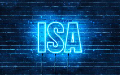 Isa, 4k, wallpapers with names, Isa name, blue neon lights, Happy Birthday Isa, popular arabic male names, picture with Isa name