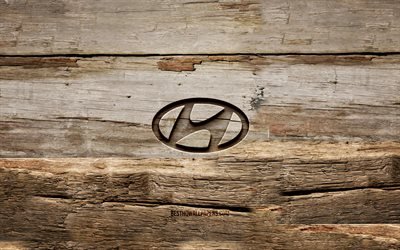 Hyundai wooden logo, 4K, wooden backgrounds, cars brands, Hyundai logo, creative, wood carving, Hyundai