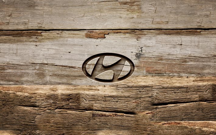 Logo Hyundai in legno, 4K, sfondi in legno, marchi di automobili, logo Hyundai, creativo, intaglio del legno, Hyundai