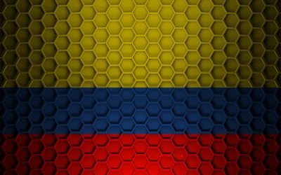 Drapeau de la Colombie, texture des hexagones 3d, Colombie, texture 3d, drapeau de la Colombie 3d, texture en m&#233;tal, drapeau de la Colombie