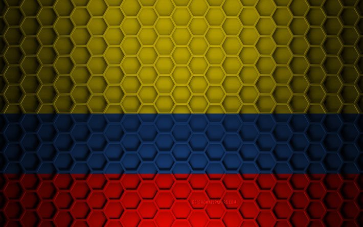 Colombia flagga, 3d hexagoner konsistens, Colombia, 3d struktur, Colombia 3d flagga, metall konsistens