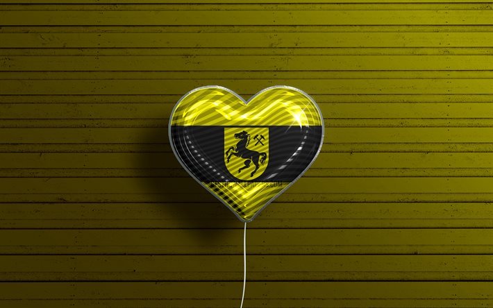 Amo Herne, 4k, palloncini realistici, sfondo giallo in legno, citt&#224; tedesche, bandiera di Herne, Germania, palloncino con bandiera, Herne, Giorno di Herne