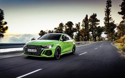 Audi RS3 Sedan, 2022, 4k, front view, exterior, green sedan, new green RS3 Sedan, German cars, Audi