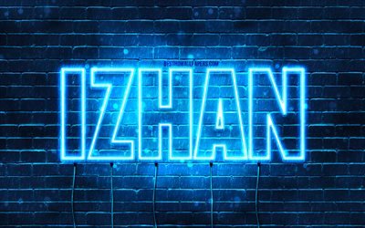 izhan, 4k, hintergrundbilder mit namen, izhan-name, blaue neonlichter, happy birthday izhan, beliebte arabische m&#228;nnliche namen, bild mit izhan-namen
