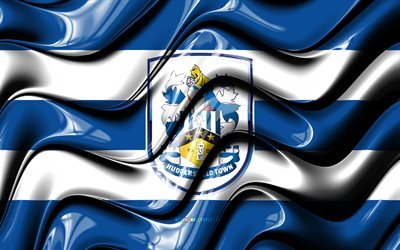 Huddersfield Town FC bayrağı, 4k, mavi ve beyaz 3D dalgalar, EFL Şampiyonası, İngiliz Futbol Kul&#252;b&#252;, futbol, Huddersfield Town FC logosu, Huddersfield Town FC, FC Huddersfield Town