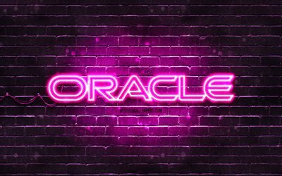 Oracle lila logotyp, 4k, lila brickwall, Oracle logotyp, varum&#228;rken, Oracle neon logotyp, Oracle