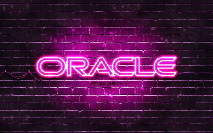 Oracle purple logo, 4k, purple brickwall, Oracle logo, brands, Oracle neon logo, Oracle