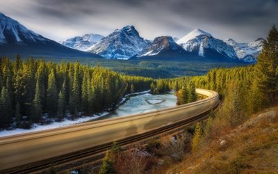 railroad, mountain, river, forest, HDR, Alberta, Canada, Jasper National Park