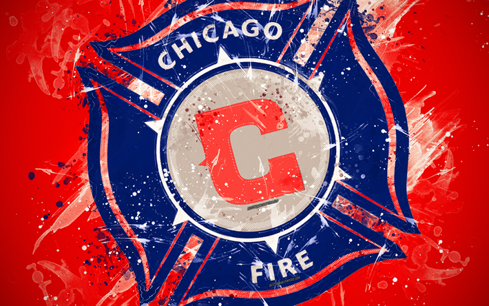 シカゴで火災, 4k, 塗装の美術, アメリカのサッカーチーム, 創造, ロゴ, MLS, エンブレム, 赤の背景, グランジスタイル, シカゴ, 米国, サッカー, 主要リーグサッカー