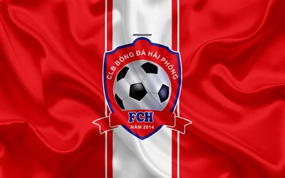 Hai Phong FC, 4k, logo, silkki tekstuuri, Vietnam football club, tunnus, punainen silkki lippu, V-League 1, Haiphong, Vietnam, jalkapallo