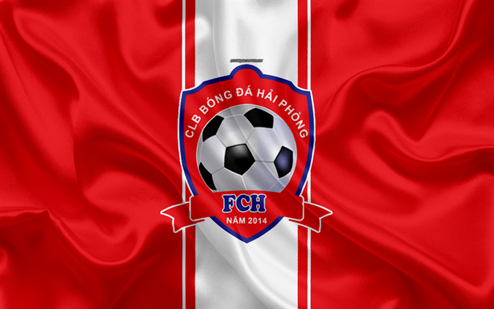 ハイフォンFC, 4k, ロゴ, シルクの質感, ベトナムサッカークラブ, エンブレム, 赤いシルクフラグ, Vリーグ1, ハイフォン, ベトナム, サッカー
